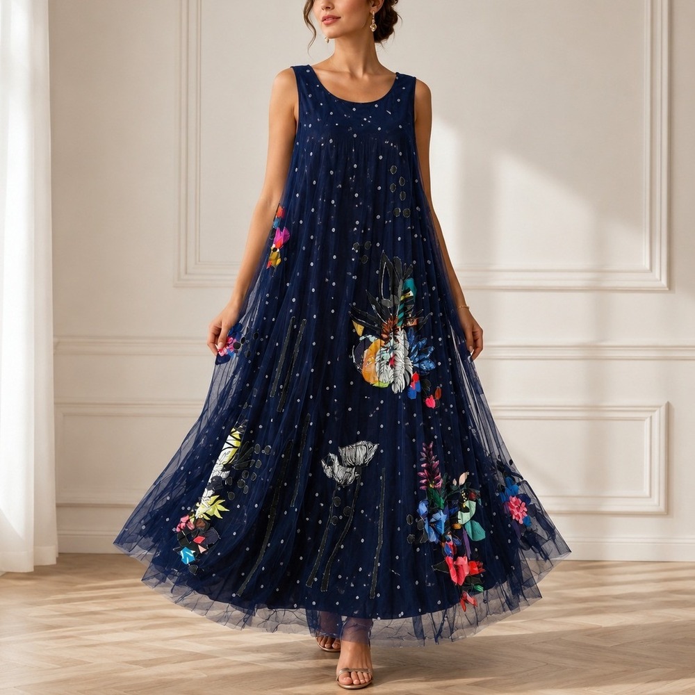 Geisha Designs Rochelle Tulle Maxi Dress 22W Navy Blue Floral Whimsical Boho